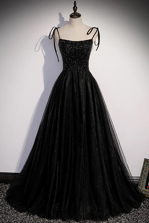 Black Tulle Beaded Long Prom Dress A-Line Spaghetti Straps Evening Dress
